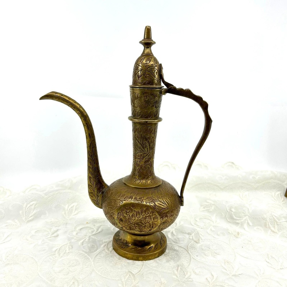 Vintage Solid Brass Etched India Pitcher Genie Bottle Ewer Decorative Accent